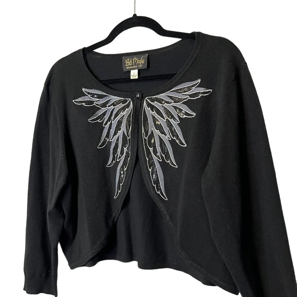 BOB MACKIE vintage Cardigan Sequin Embroidered Feather Wings Black Large Cropped